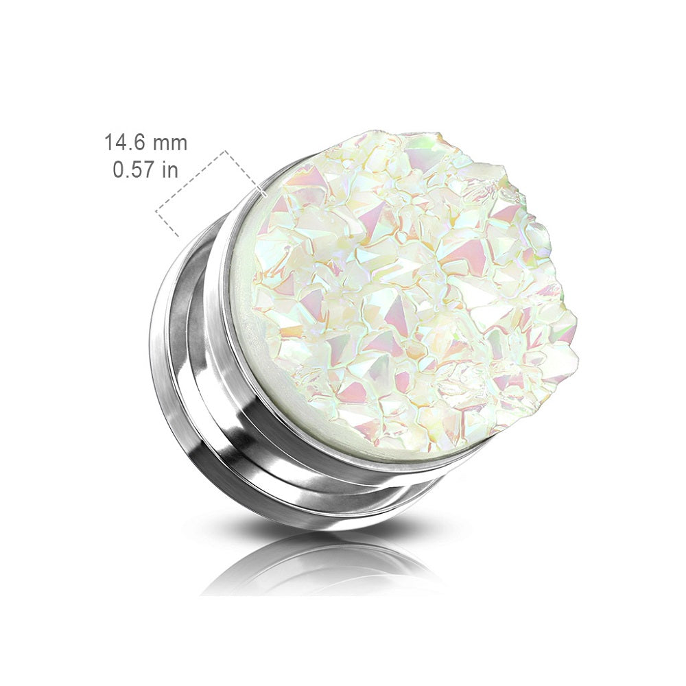 White Druzy Stone Screw Fit Plug Gauges - Stainless Steel