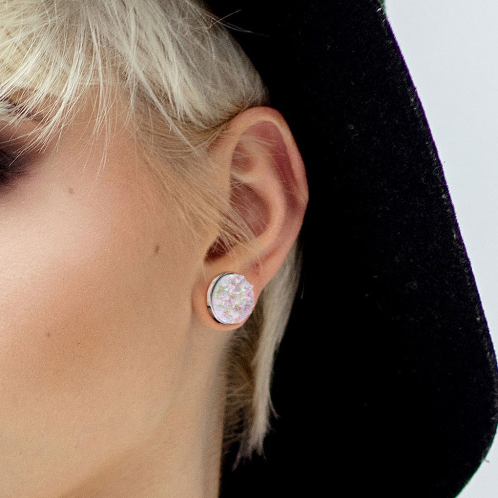 White Druzy Stone Screw Fit Plug Gauges - Stainless Steel