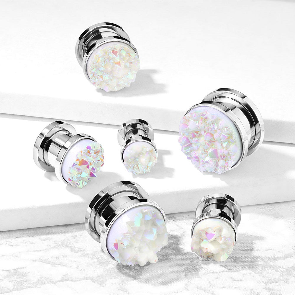 White Druzy Stone Screw Fit Plug Gauges - Stainless Steel