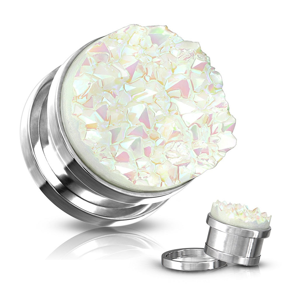 White Druzy Stone Screw Fit Plug Gauges - Stainless Steel