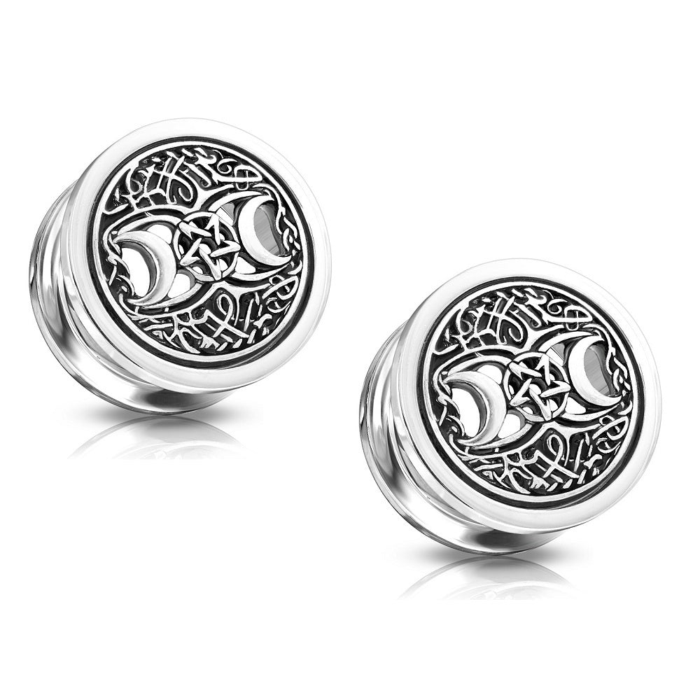 Antique Silver Plated Crescent Moons and Star Centered Screw Fit Plug Gauges - Stainless Steel