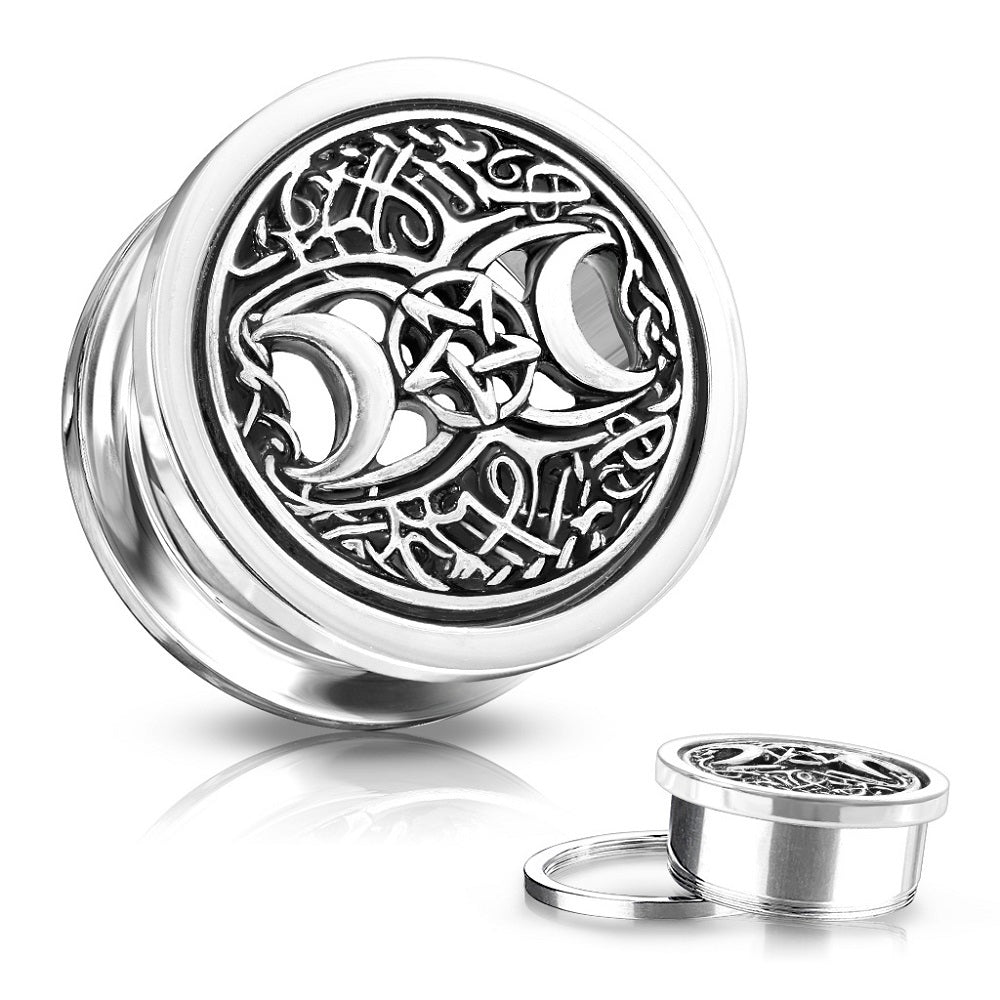 Antique Silver Plated Crescent Moons and Star Centered Screw Fit Plug Gauges - Stainless Steel