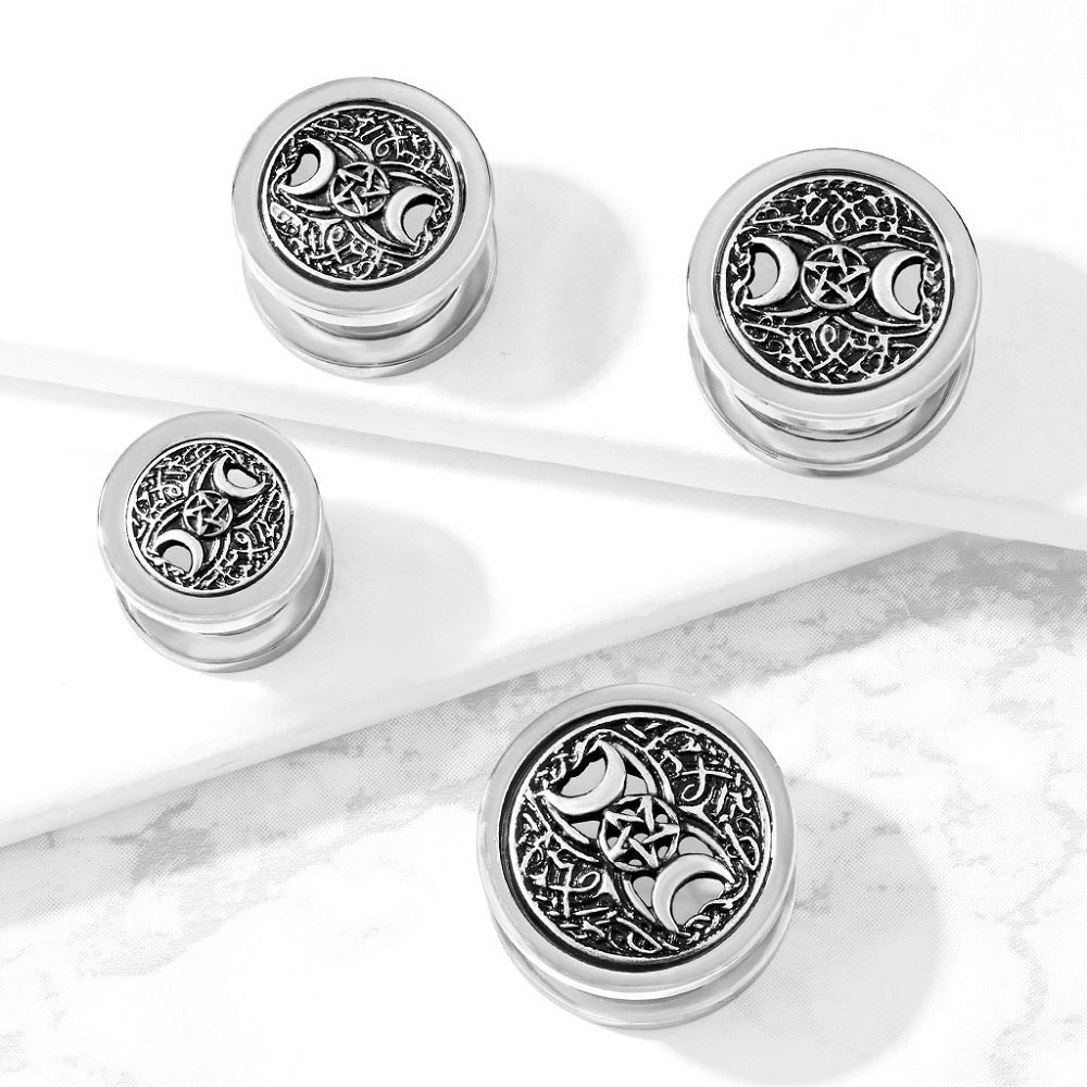 Antique Silver Plated Crescent Moons and Star Centered Screw Fit Plug Gauges - Stainless Steel