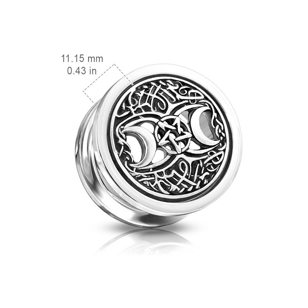 Antique Silver Plated Crescent Moons and Star Centered Screw Fit Plug Gauges - Stainless Steel