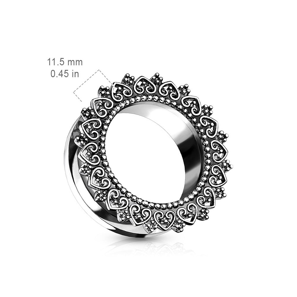 Tribal Filigree Heart Screw Fit Tunnels - Stainless Steel - Pair