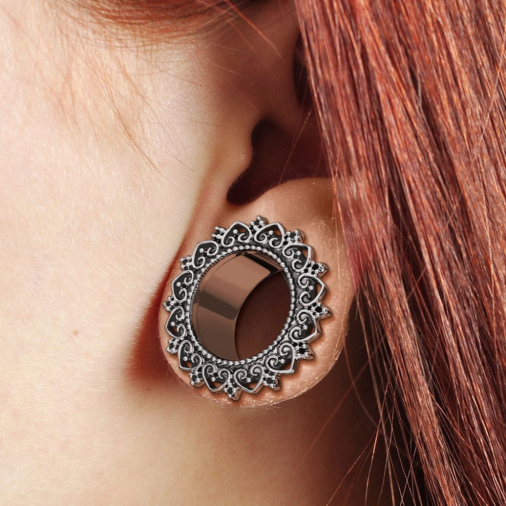 Tribal Filigree Heart Screw Fit Tunnels - Stainless Steel - Pair