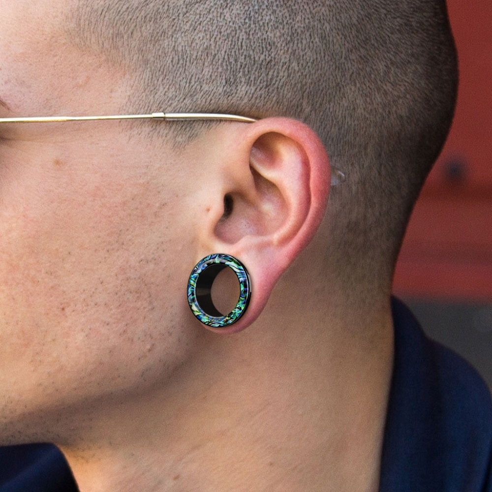 Abalone Rimmed Screw Fit Tunnels - Black PVD Stainless Steel - Pair