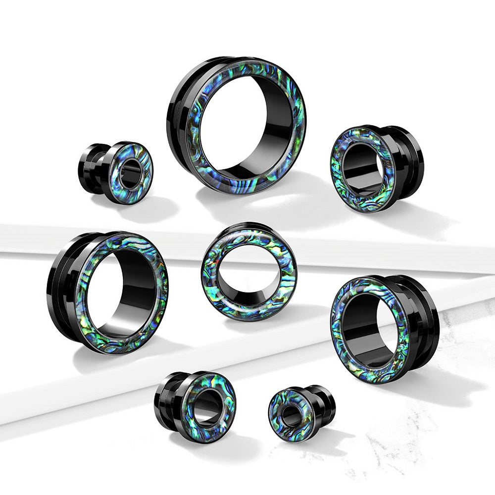 Abalone Rimmed Screw Fit Tunnels - Black PVD Stainless Steel - Pair