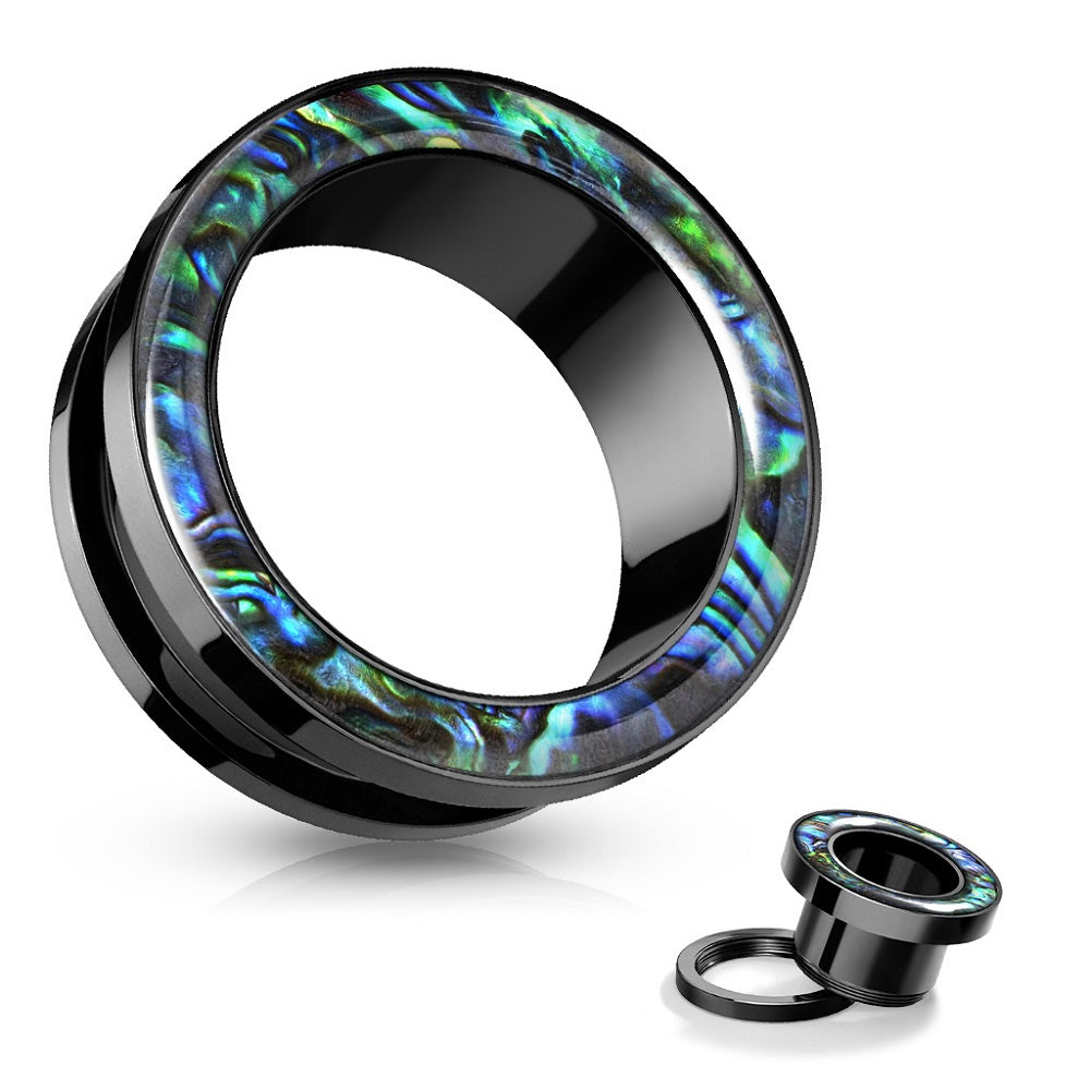 Abalone Rimmed Screw Fit Tunnels - Black PVD Stainless Steel - Pair