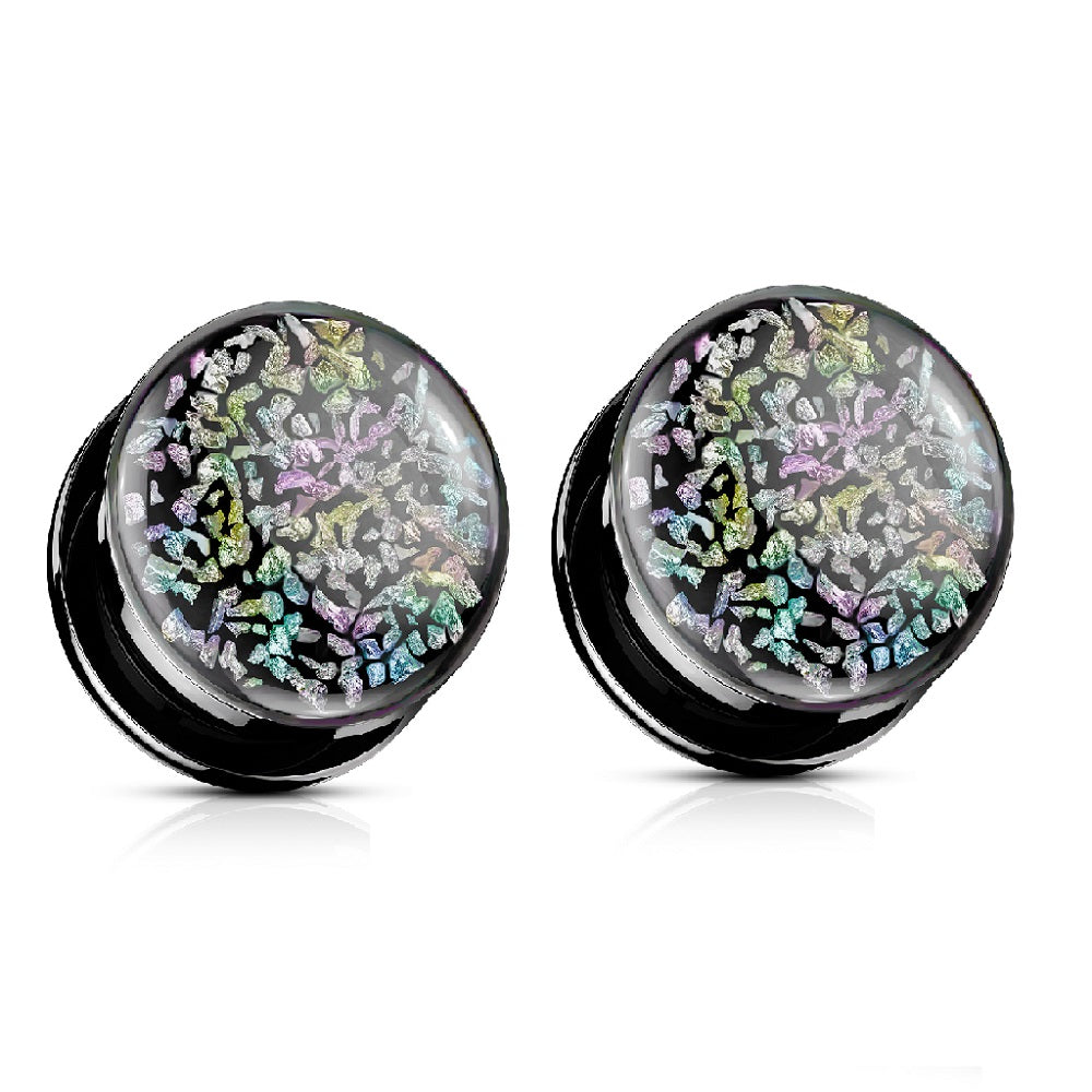 Holographic Rainbow Fossil Screw Flesh Fit Plugs - Black PVD 316L Stainless Steel - Pair