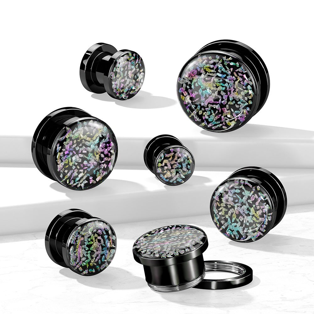 Holographic Rainbow Fossil Screw Flesh Fit Plugs - Black PVD 316L Stainless Steel - Pair