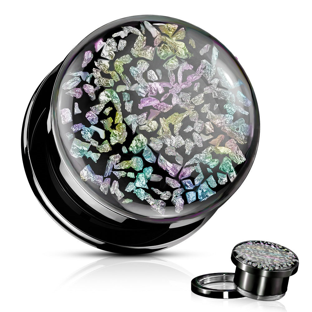 Holographic Rainbow Fossil Screw Flesh Fit Plugs - Black PVD 316L Stainless Steel - Pair