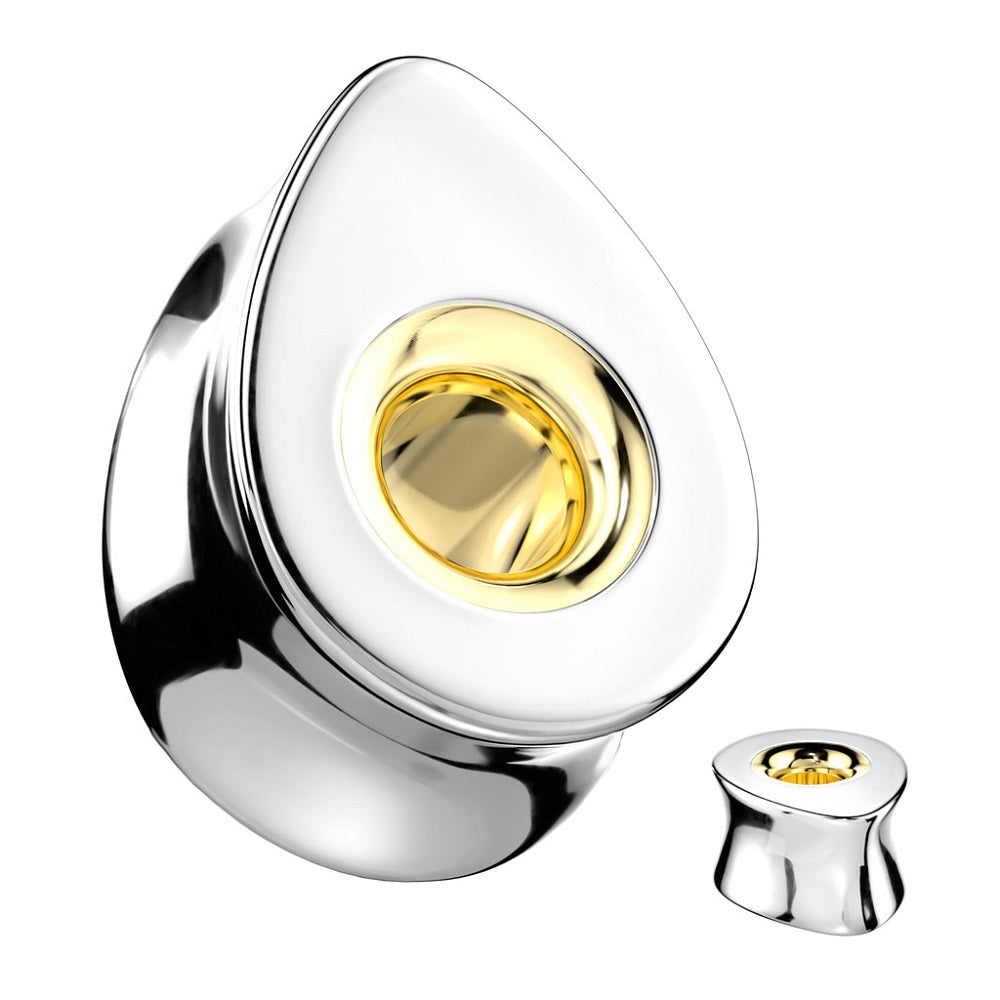 Solid Teardrop Shaped with Gold Tone Hollow Center Double Flared Saddle Plugs - 316L Stainless Steel - Pair