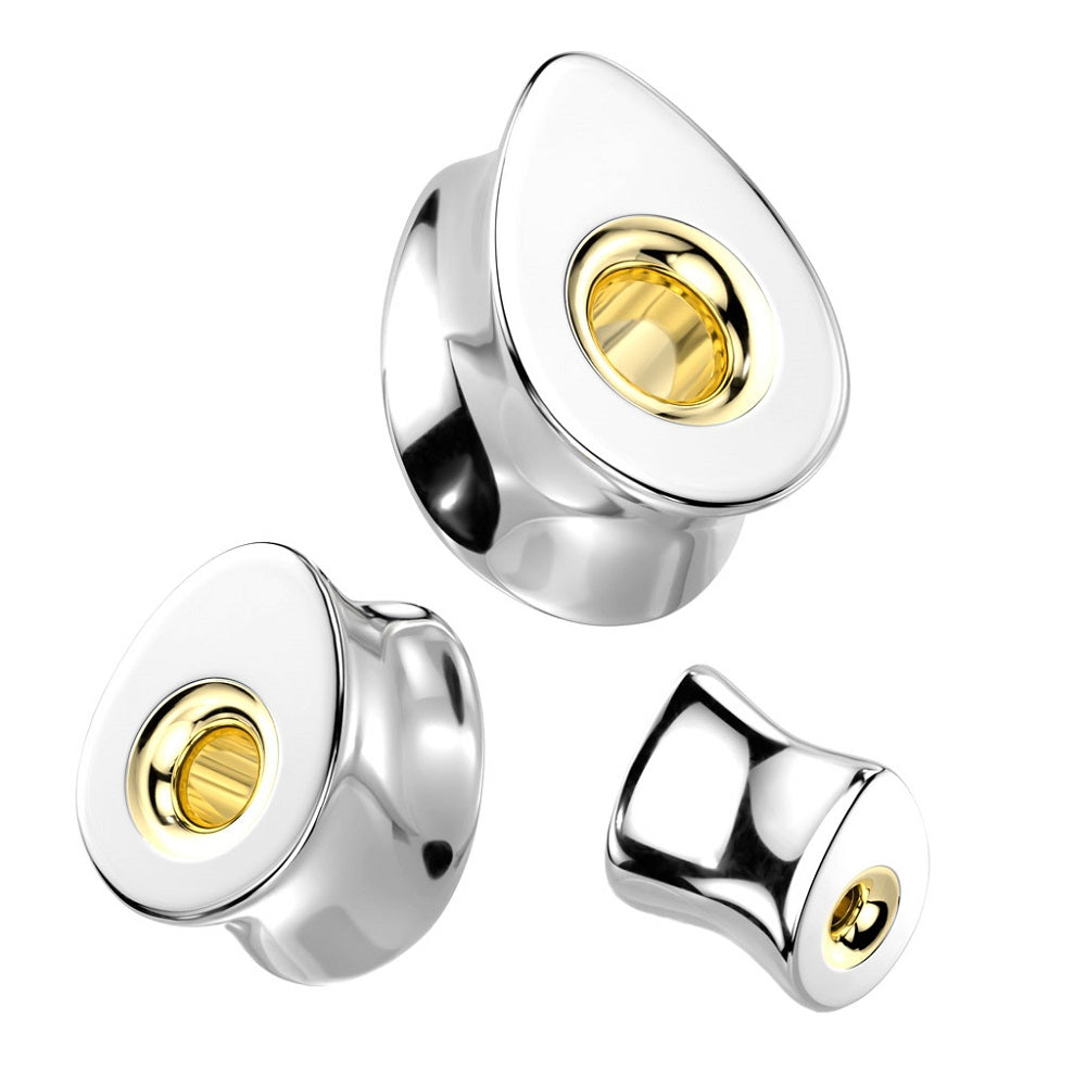 Solid Teardrop Shaped with Gold Tone Hollow Center Double Flared Saddle Plugs - 316L Stainless Steel - Pair