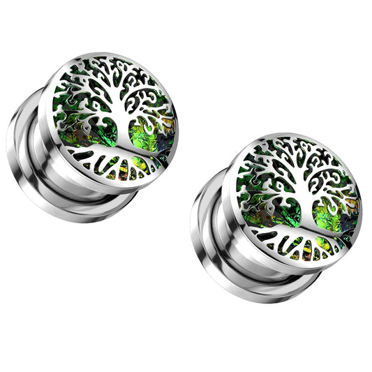 Green Opal Glitter Tree of Life Screw Fit Plugs
 - 316L Stainless Steel - Pair