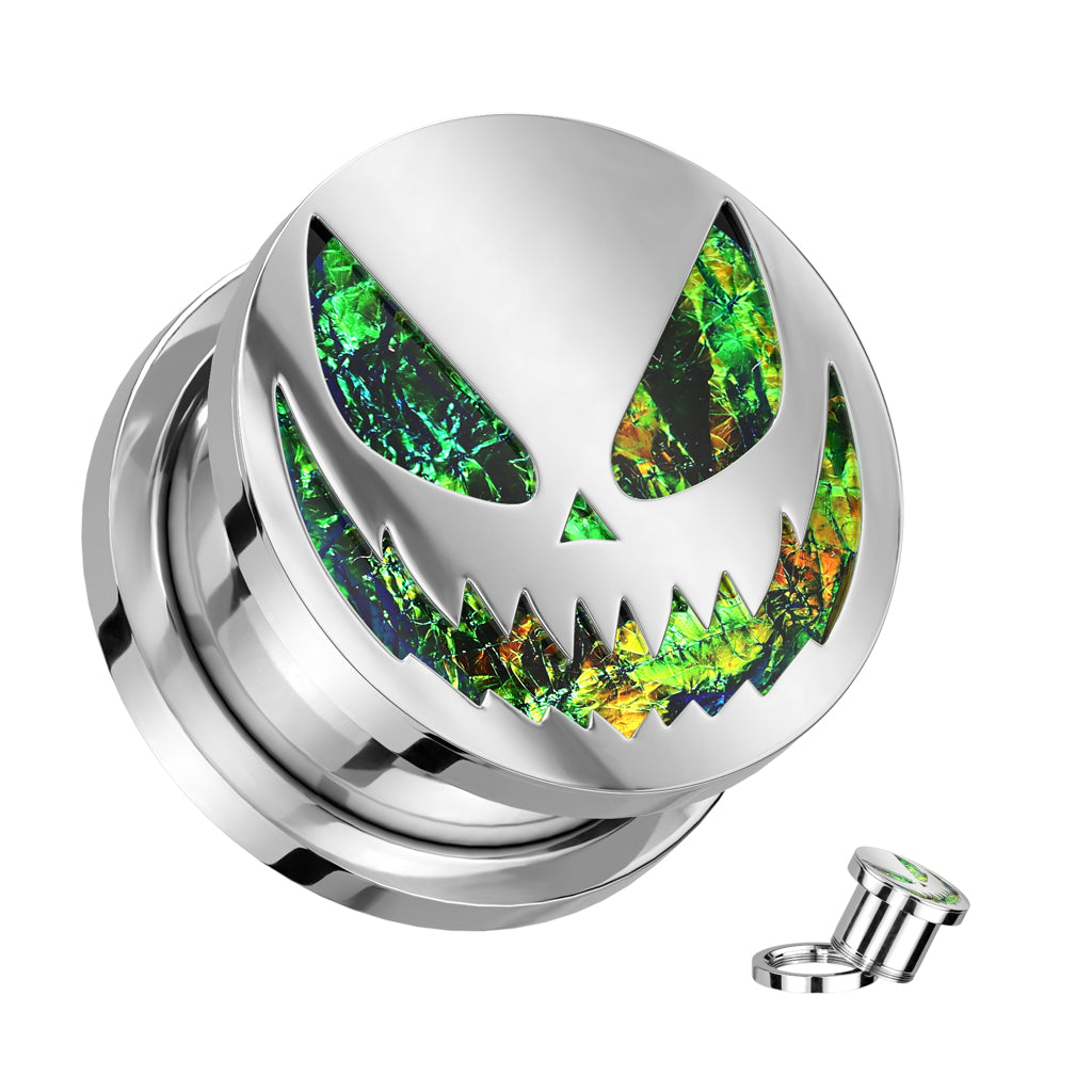 Green Glitter Spooky Halloween Smile Screw Fit Plugs - 316L Stainless Steel - Pair