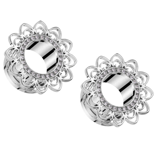 Heart Filigree with CZ Crystal Paved Rim Screw Fit Tunnels - 316L Stainless Steel - Pair