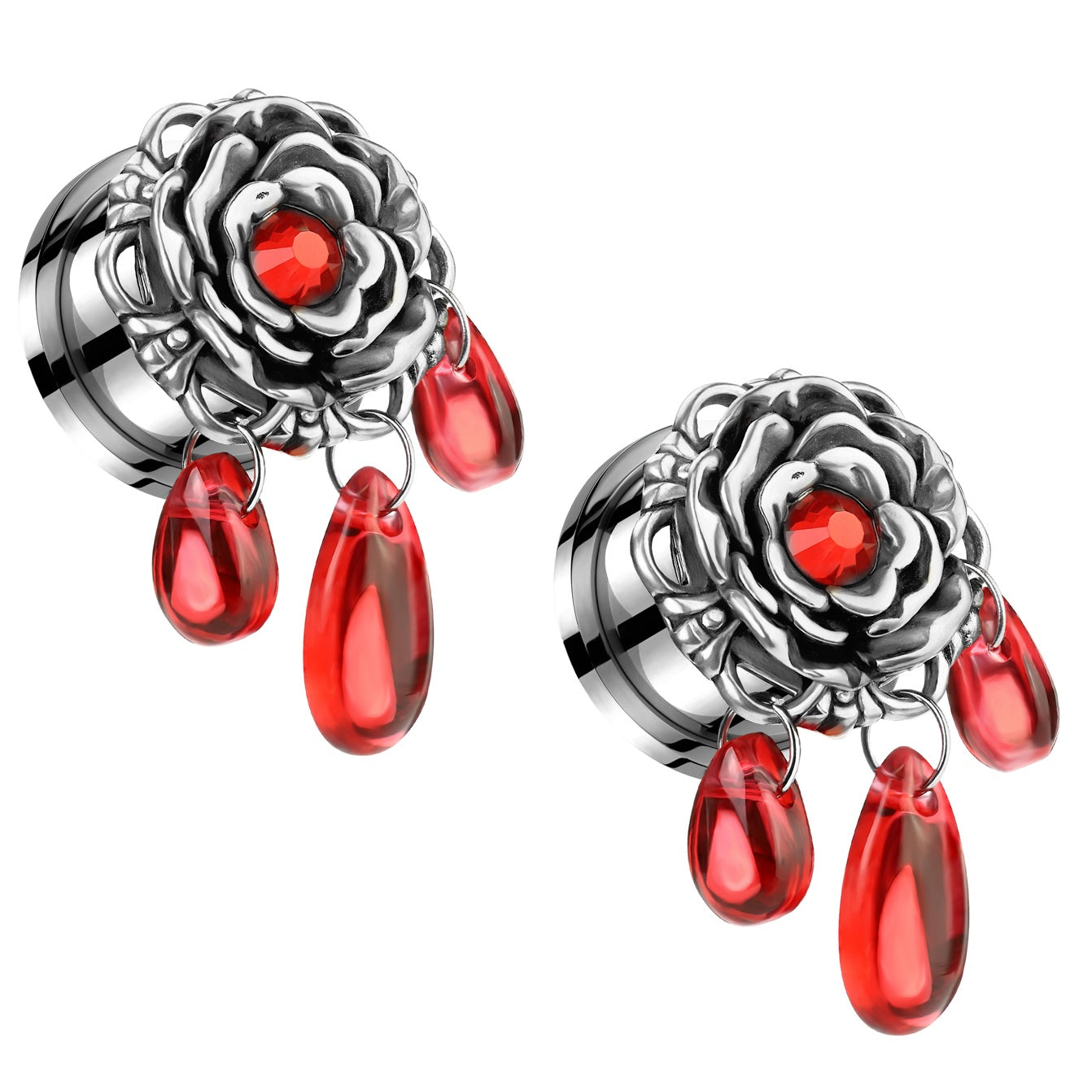 Flower with Red Gem Center and Dangling Beads Screw Fit Plugs