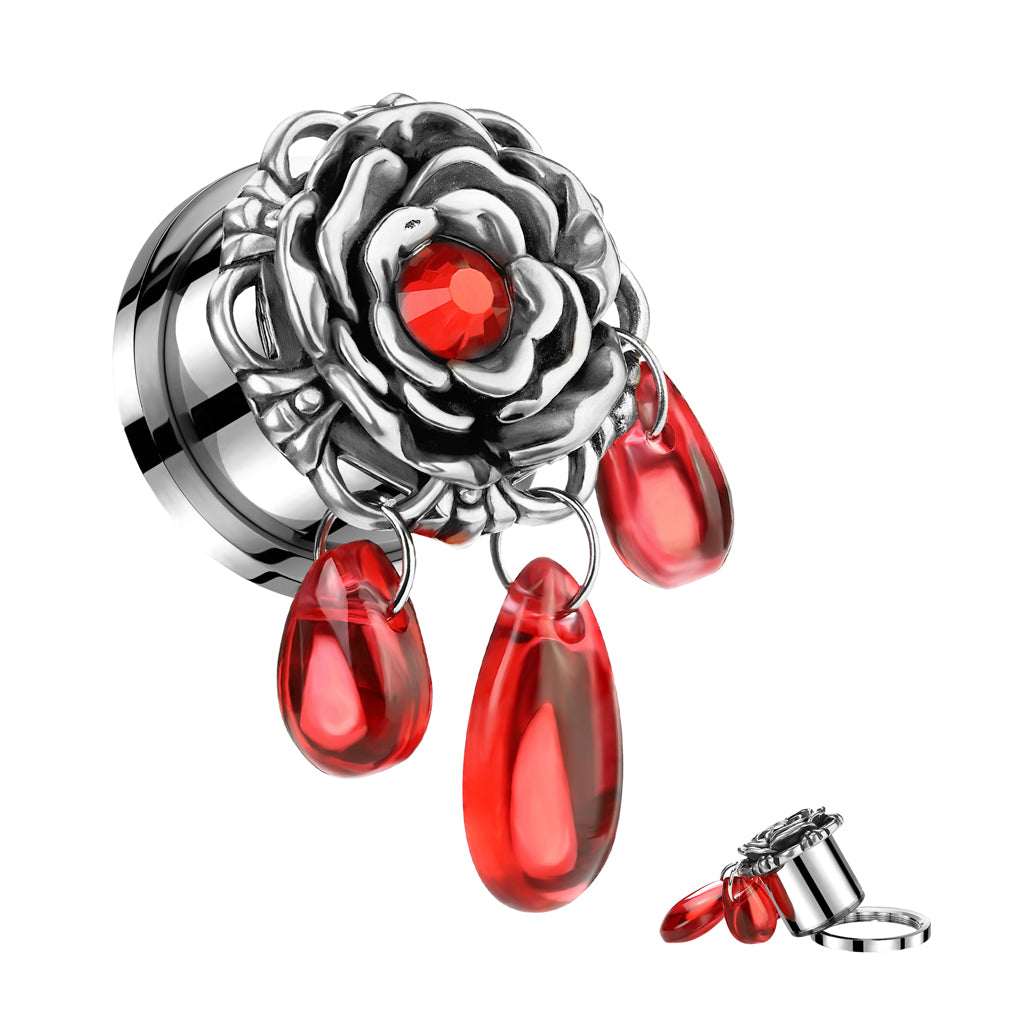 Flower with Red Gem Center and Dangling Beads Screw Fit Plugs - Pair - 316L Stainless Steel