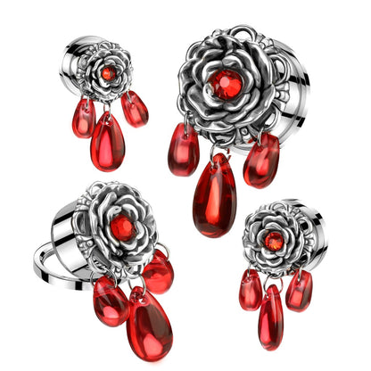 Flower with Red Gem Center and Dangling Beads Screw Fit Plugs - Pair - 316L Stainless Steel