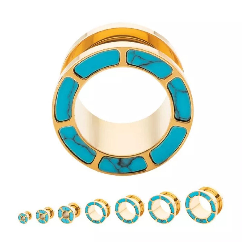 Gold PVD Plated Synthetic Turquoise Outlined Screw Fit Tunnels - 316L Stainless Steel - Pair