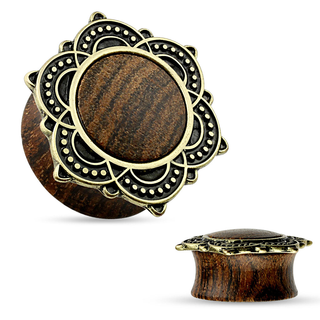 Tribal Golden Lotus Rim Top Natural Rose Wood Saddle Fit Plugs - Pair
