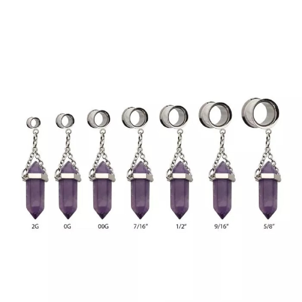 Dangling Amethyst Stone Double Flared Tunnels - 316L Stainless Steel - Pair