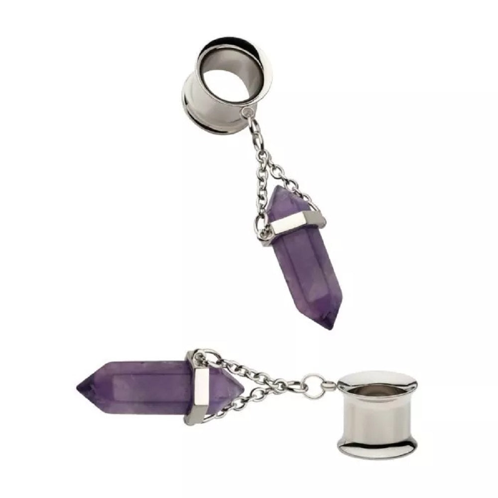 Dangling Amethyst Stone Double Flared Tunnels - 316L Stainless Steel - Pair