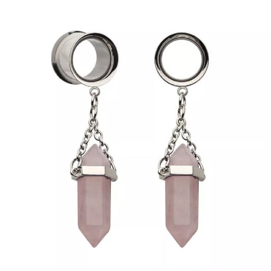 Dangling Rose Quartz Stone Double Flared Tunnels - 316L Stainless Steel - Pair
