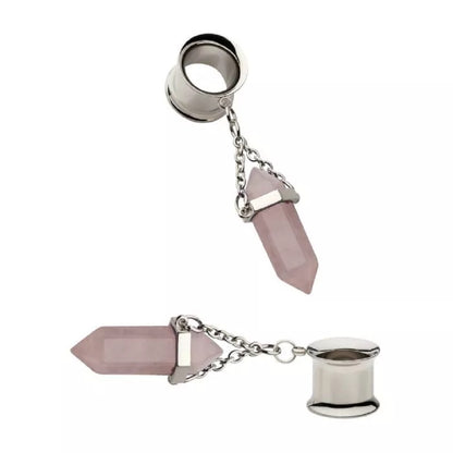 Dangling Rose Quartz Stone Double Flared Tunnels - 316L Stainless Steel - Pair
