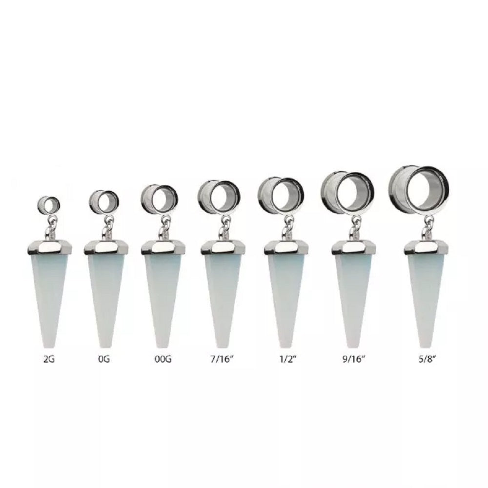 Dangling White Opalite Stone Pendulum Double Flared Tunnels - 316L Stainless Steel - Pair