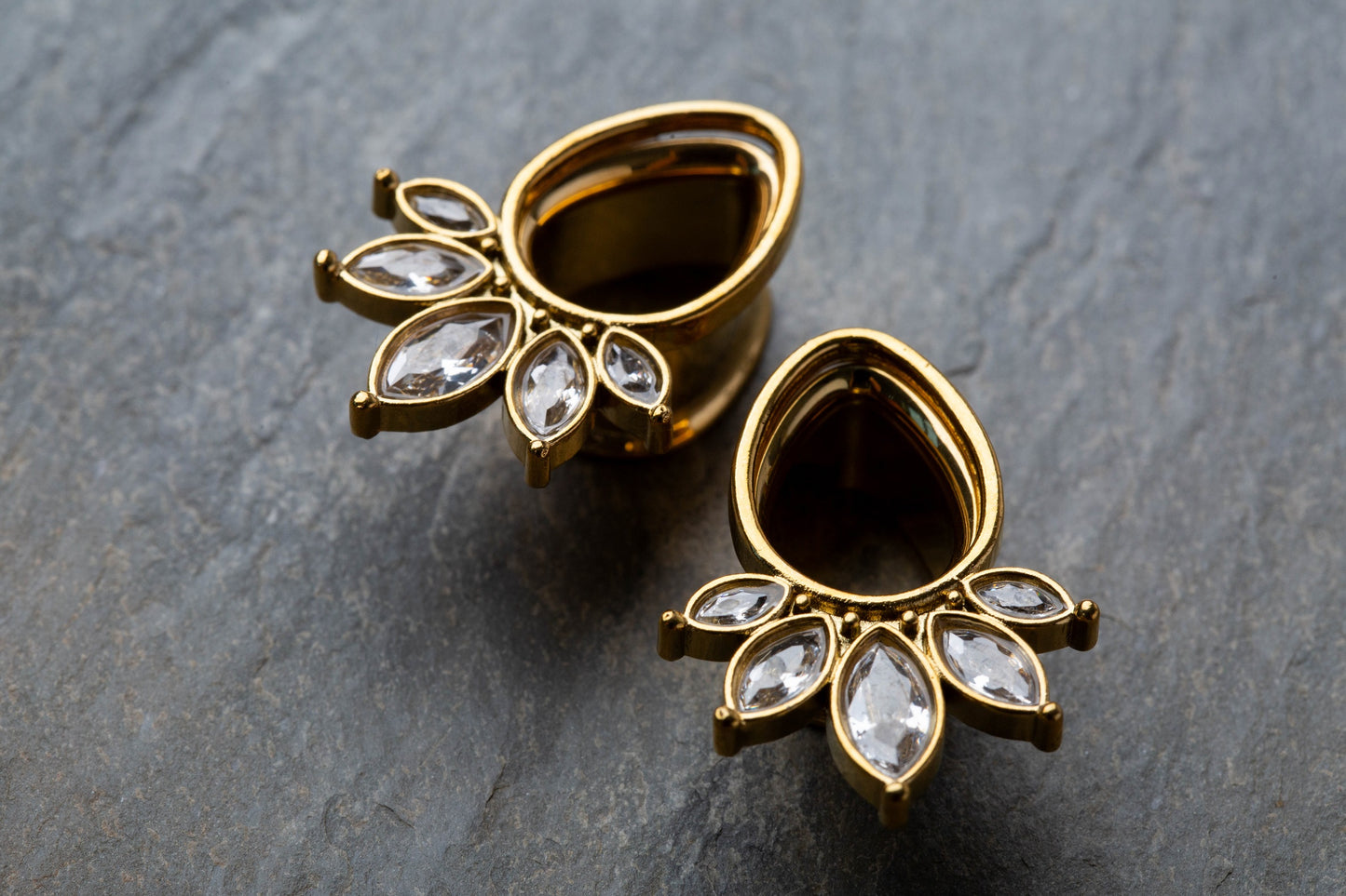 Gold Plated 5 Marquise CZ Crystal Fan Tear Drop Shaped Double Flared Tunnels - 316L Stainless Steel - Pair