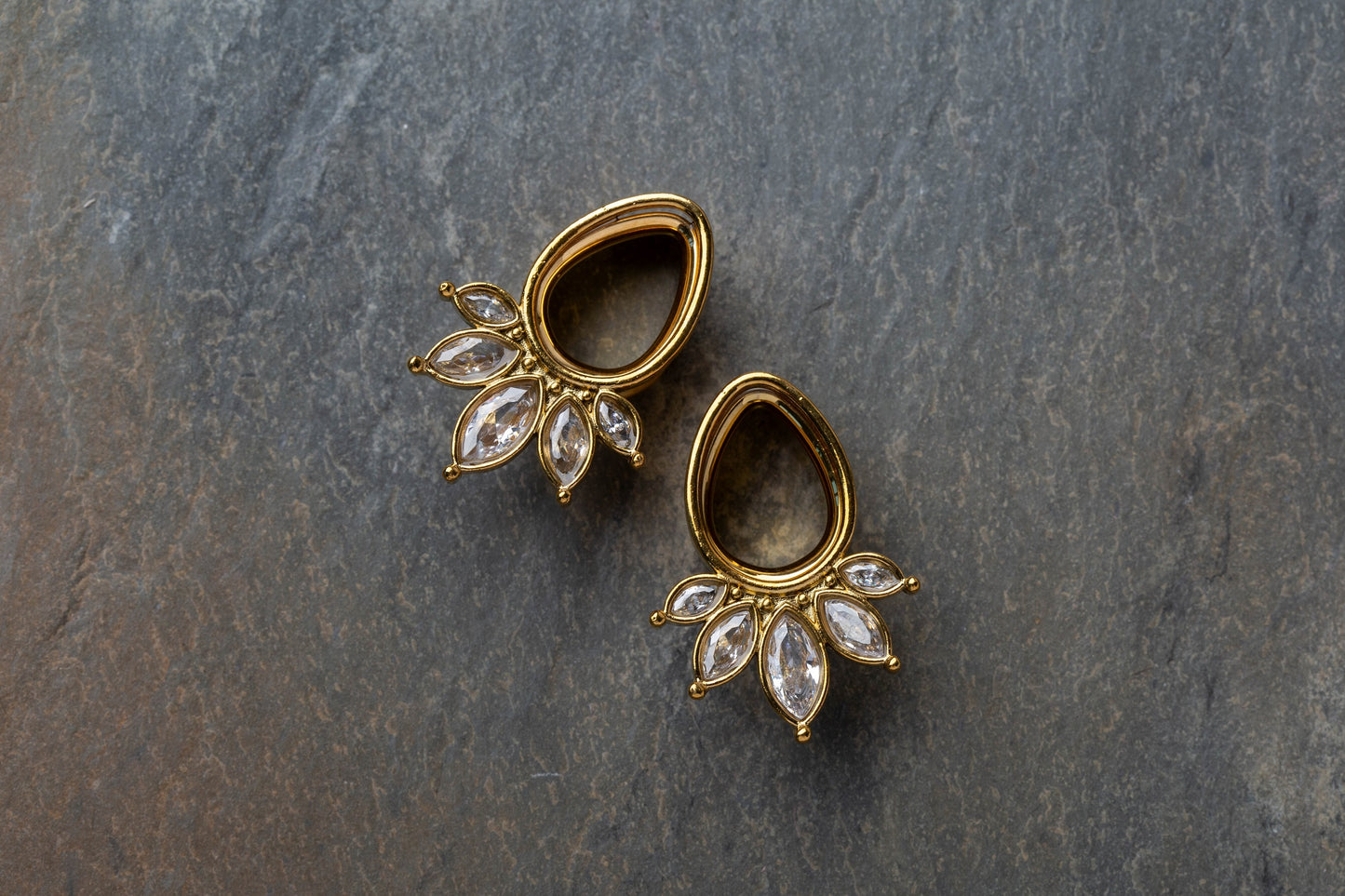 Gold Plated 5 Marquise CZ Crystal Fan Tear Drop Shaped Double Flared Tunnels - 316L Stainless Steel - Pair