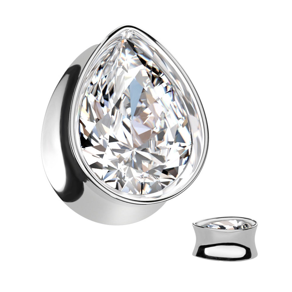 CZ Crystal Tear Drop Shaped Double Flared Plugs - 316L Stainless Steel