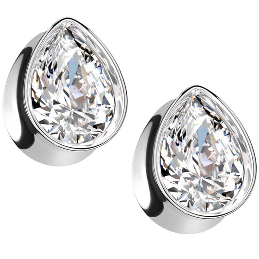 CZ Crystal Tear Drop Shaped Double Flared Plugs - 316L Stainless Steel