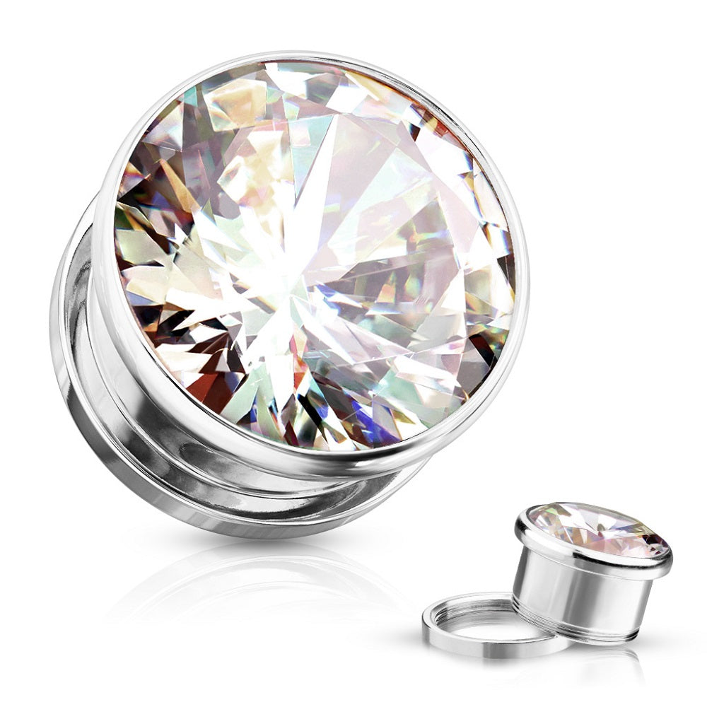 Bezel Set Clear Gem Screw Fit Plug Gauges - Stainless Steel - Pair