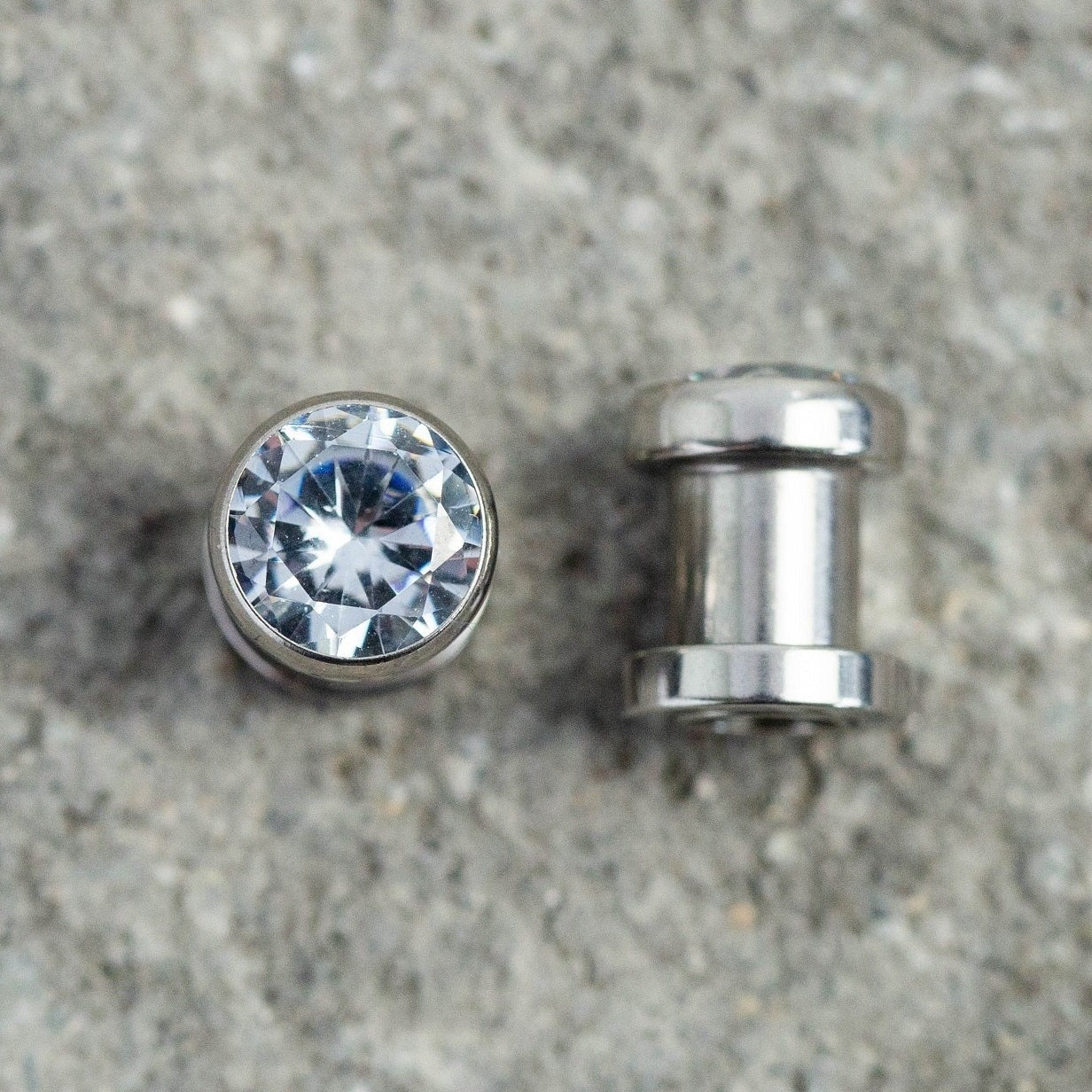 Bezel Set Clear Gem Screw Fit Plug Gauges - Stainless Steel - Pair