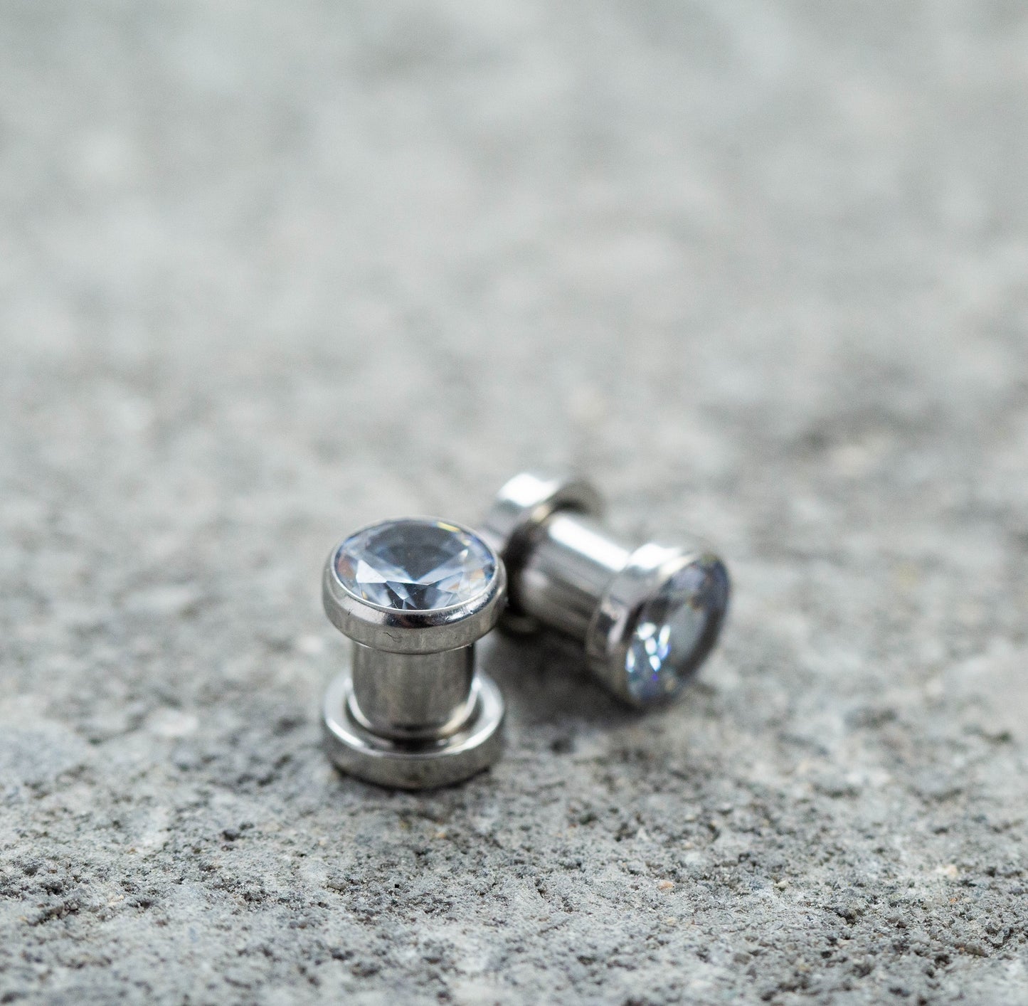 Bezel Set Clear Gem Screw Fit Plug Gauges - Stainless Steel - Pair