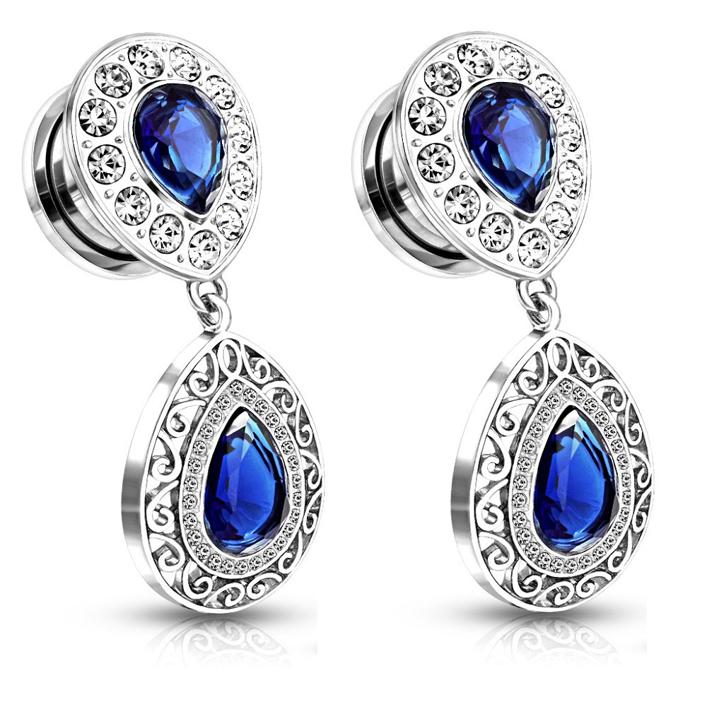 Blue CZ Crystal Paved Tear Drop Filigree Dangling Plugs - Stainless Steel - Pair