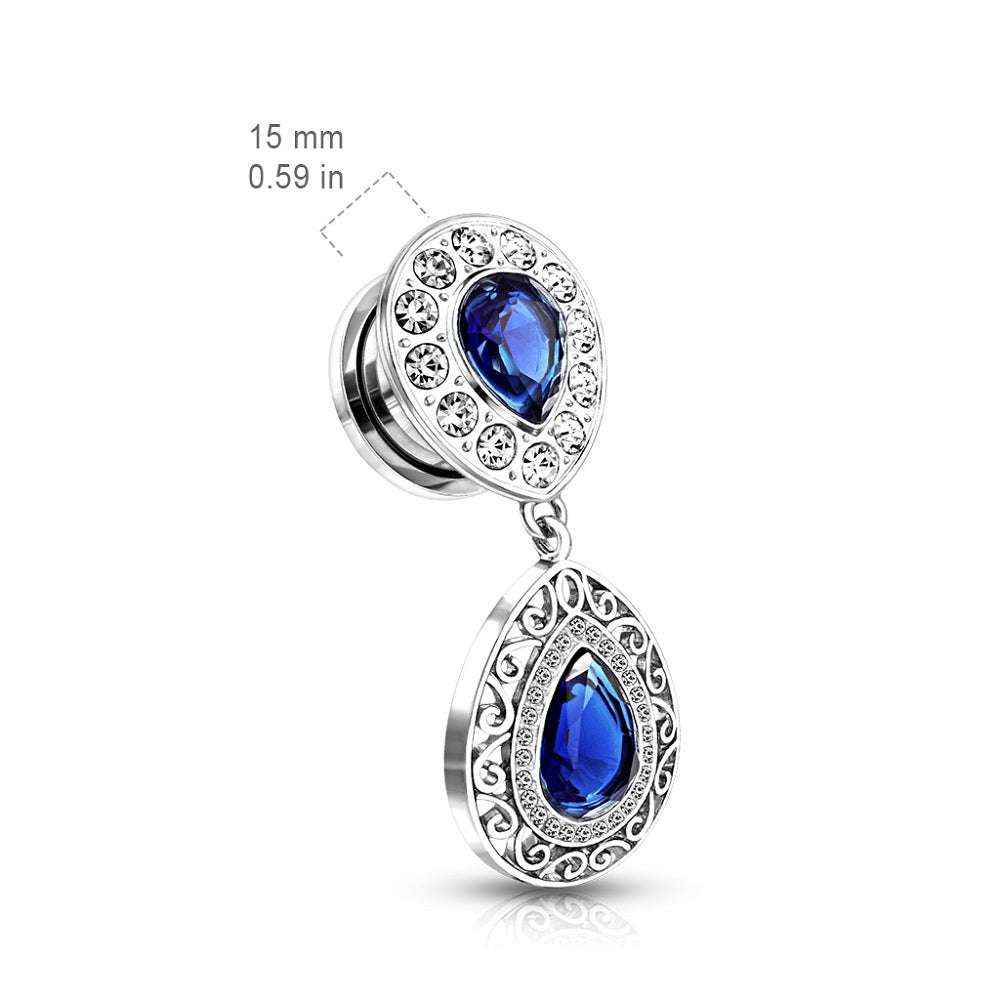 Blue CZ Crystal Paved Tear Drop Filigree Dangling Plugs - Stainless Steel - Pair