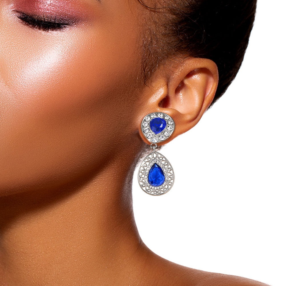 Blue CZ Crystal Paved Tear Drop Filigree Dangling Plugs - Stainless Steel - Pair