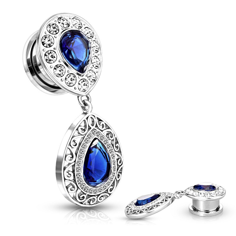 Blue CZ Crystal Paved Tear Drop Filigree Dangling Plugs - Stainless Steel - Pair