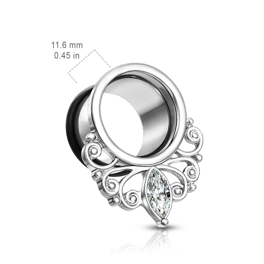 Crystal Centered Vintage Filigree Marquise Drop Single Flare Tunnels with Black O-Ring - Stainless Steel