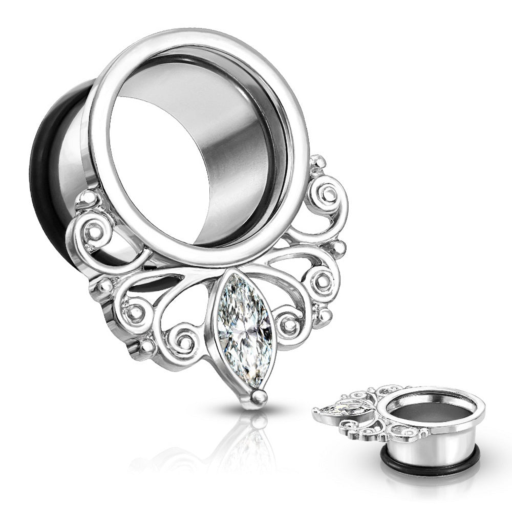 Crystal Centered Vintage Filigree Marquise Drop Single Flare Tunnels with Black O-Ring - Stainless Steel