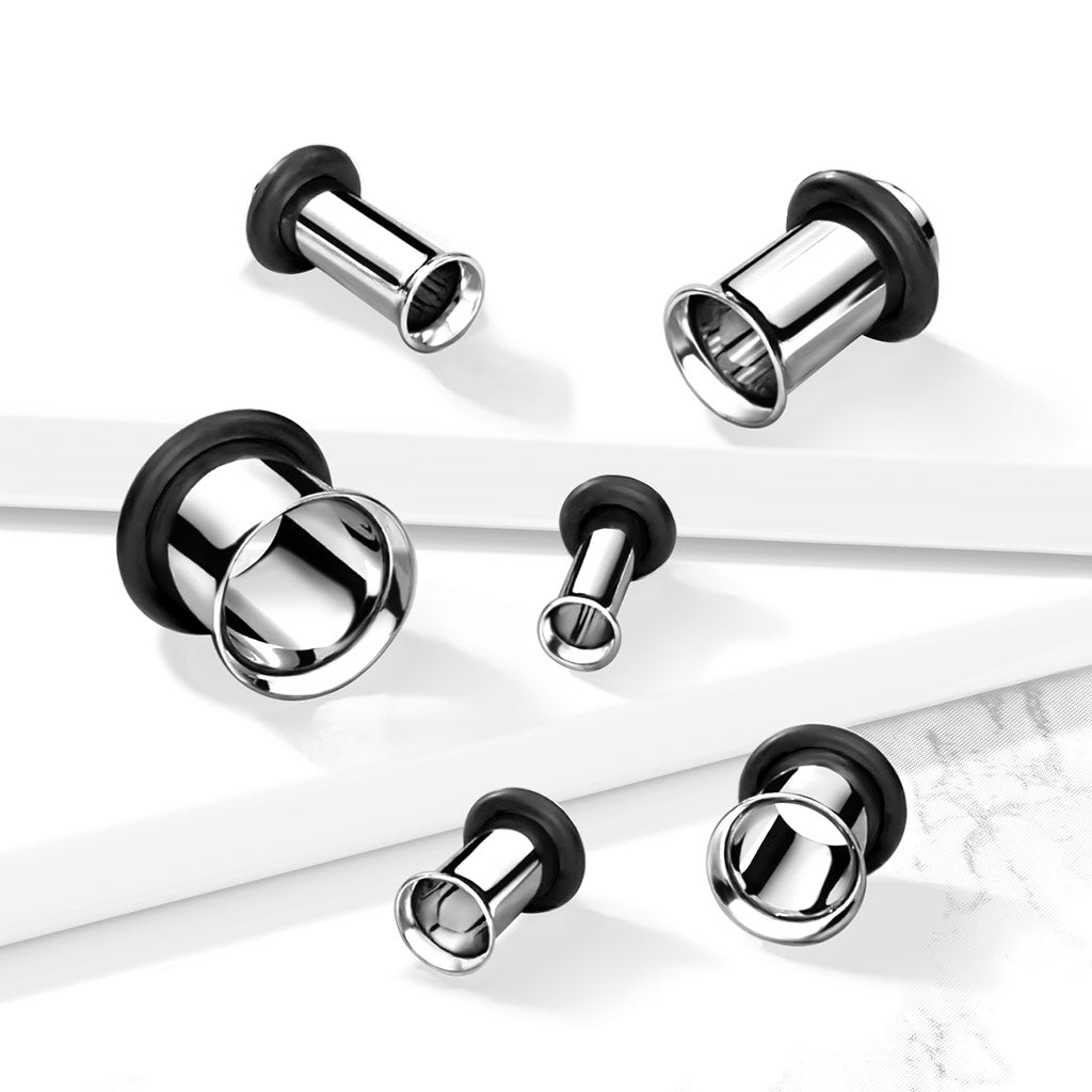 Single Flare Tunnels with Black O-Rings - Pair - 316L Stainless Steel