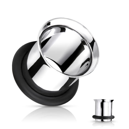 Single Flare Tunnels with Black O-Rings - Pair - 316L Stainless Steel