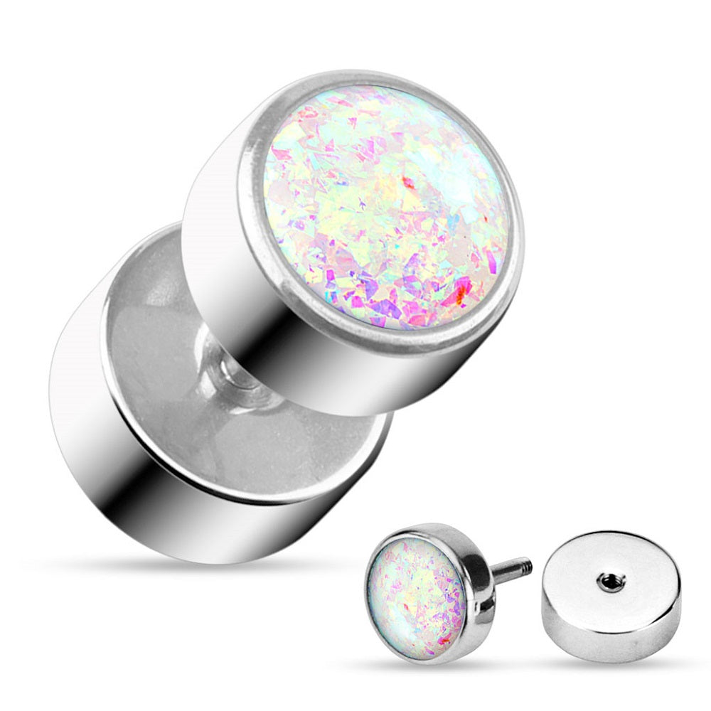 Synthetic Glitter Opal Fake Cheater Plug Earrings - 316L Stainless Steel - Pair