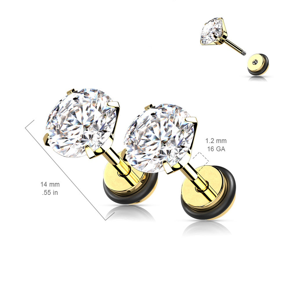 Prong Set CZ Crystal Fake Cheater Plug Earrings - Stainless Steel - Pair