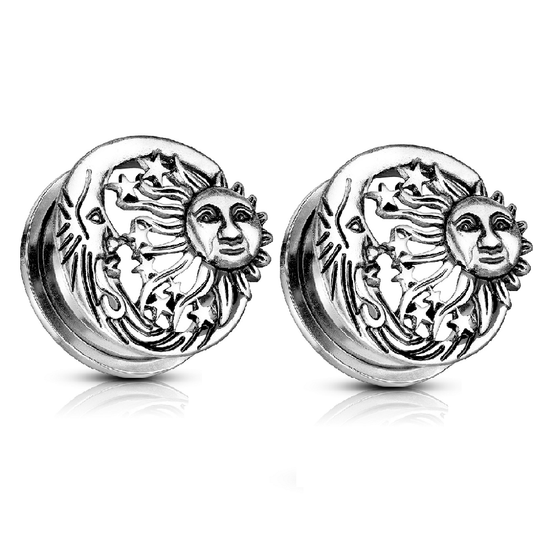 Celestial Moon Stars and Sun Screw Fit Plug Gauges - Antique Silver Plated 316L Stainless Steel - Pair