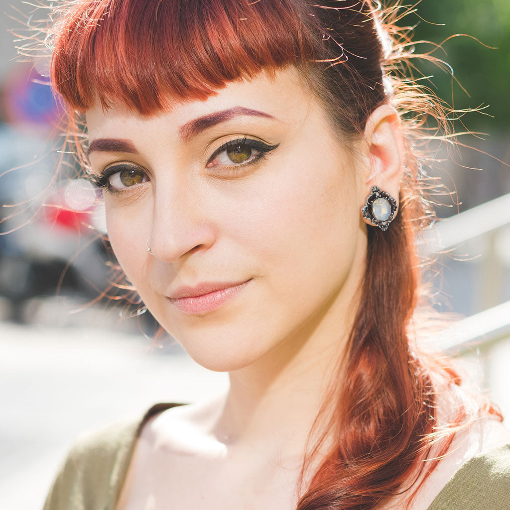 Vintage Filigree White Oval Synthetic Opal Square Front-Facing Double Flared Plugs - Stainless Steel - Pair